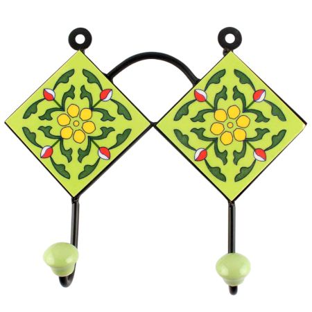 Pea Green Ceramic Floral Tile Wall Hook